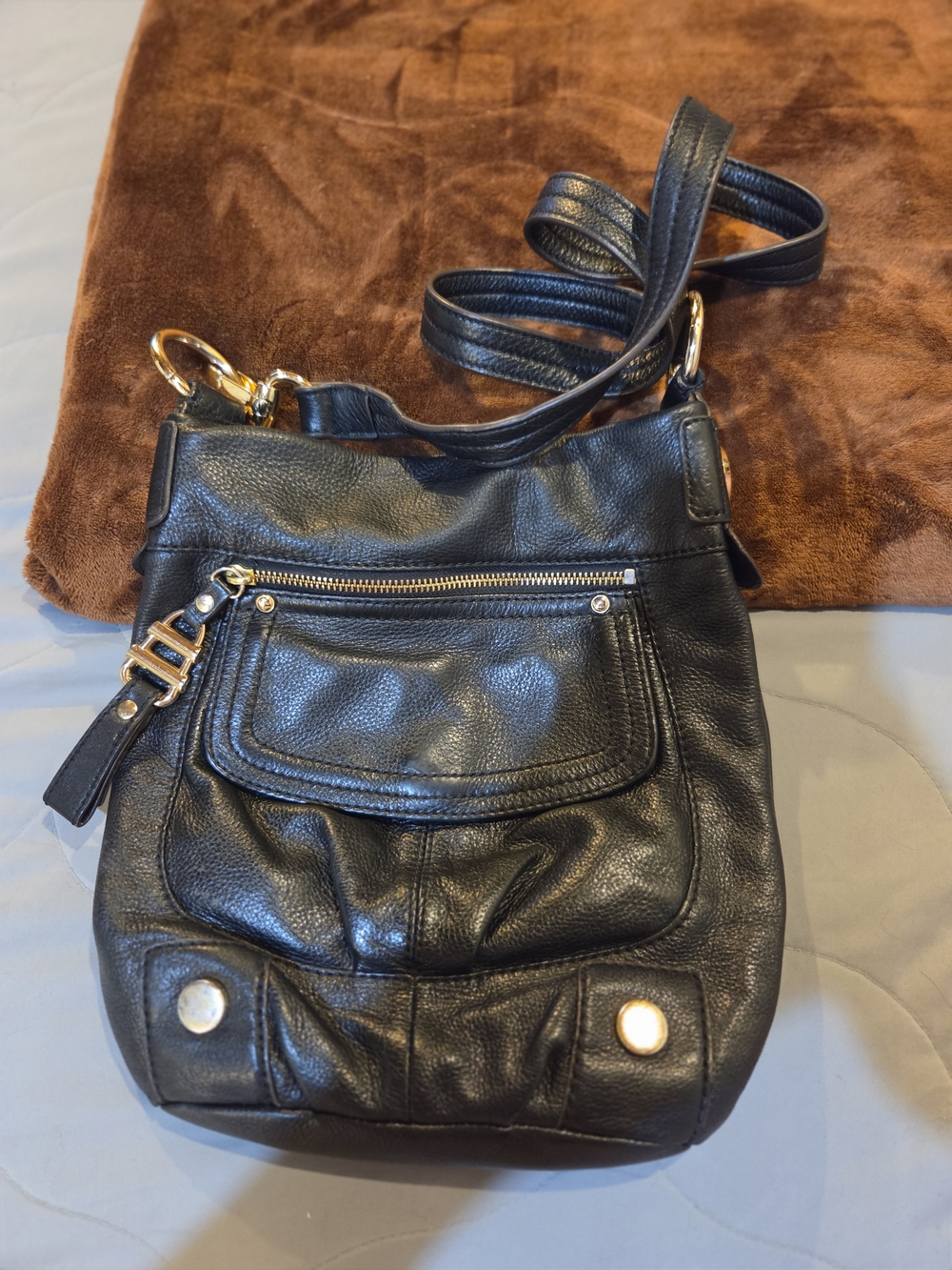 Black Leather Crossbody Bag with Gold Hardware By B.Makowsky